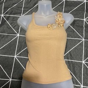 Tan Ribbed Flower Detail Tank Top